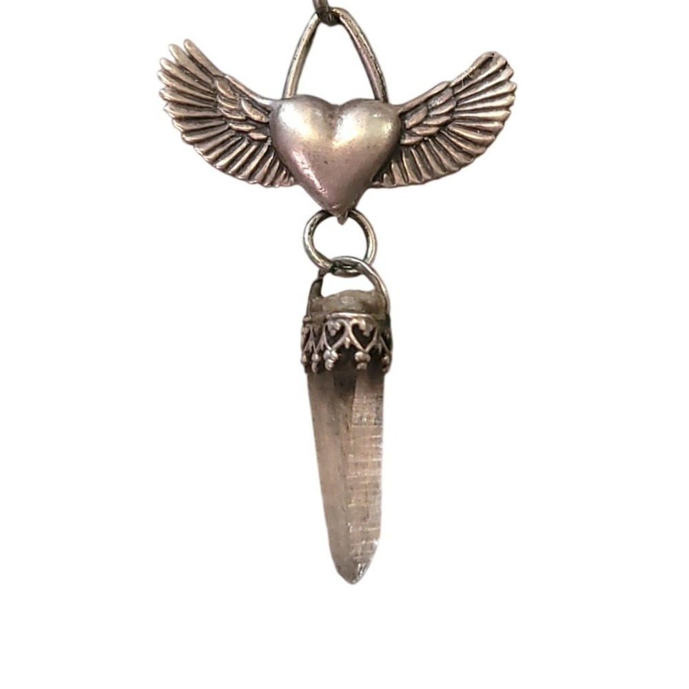 Silver Winged Heart Crystal Point Pendant Necklace Gothic Whimsigoth Jewelry Vtg - Picture 3 of 3